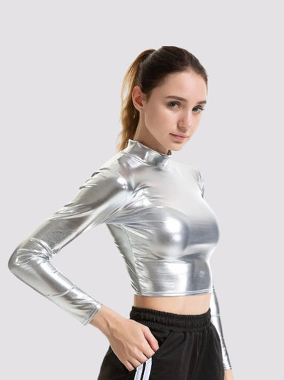 Metallic long sleeve crop top-Y3K Style