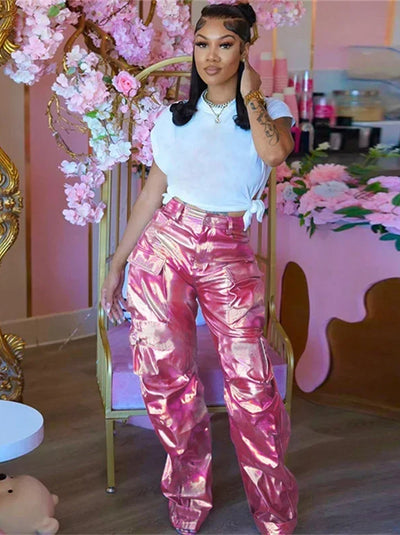 Metallic pink cargo pants-Y3K Style